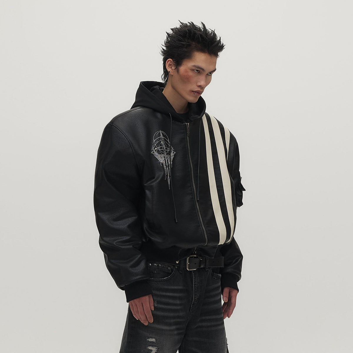 SAVAGEGROWTHWORLD Striped Faux Leather Padded Bomber Jacket
