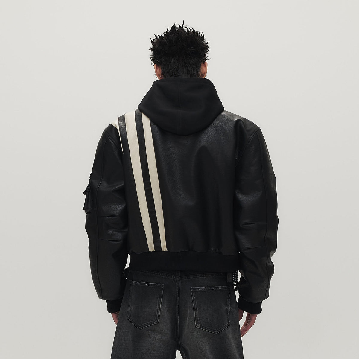SAVAGEGROWTHWORLD Striped Faux Leather Padded Bomber Jacket