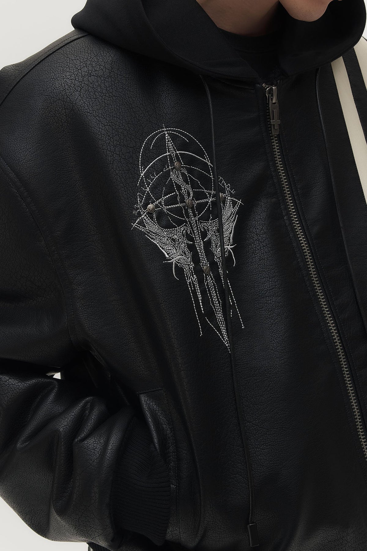 SAVAGEGROWTHWORLD Striped Faux Leather Padded Bomber Jacket