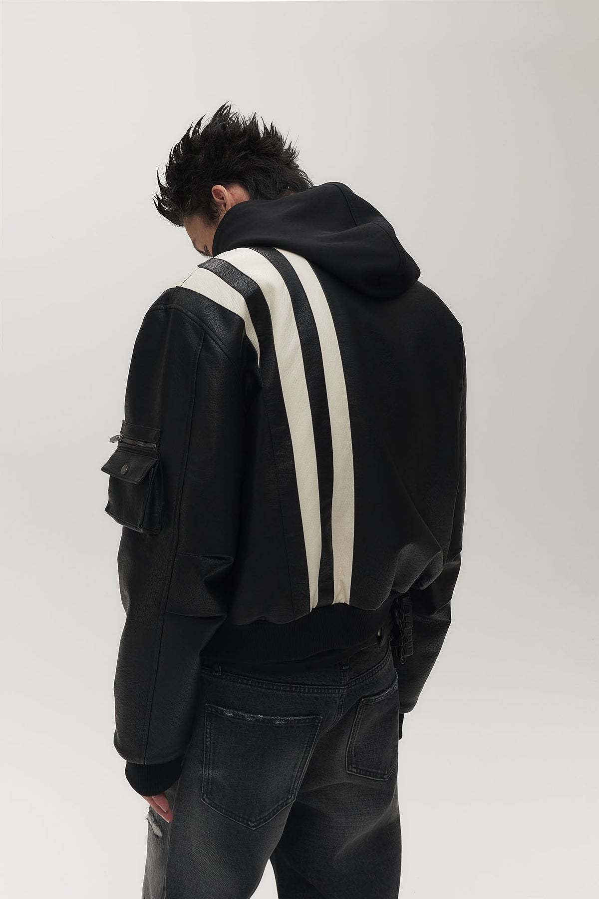 SAVAGEGROWTHWORLD Striped Faux Leather Padded Bomber Jacket