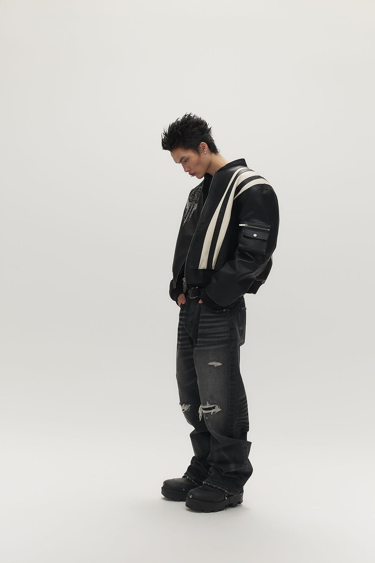 SAVAGEGROWTHWORLD Striped Faux Leather Padded Bomber Jacket