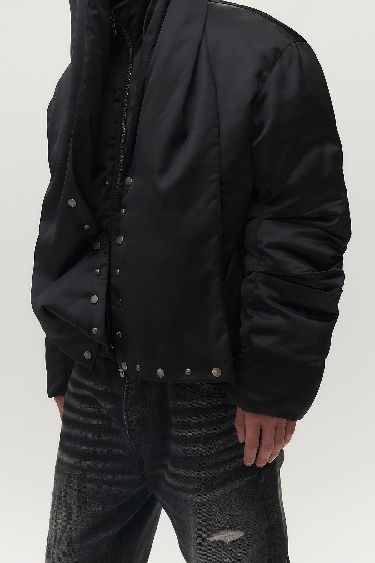 SAVAGEGROWTHWORLD Detachable Hood Satin Oversized Bomber Jacket