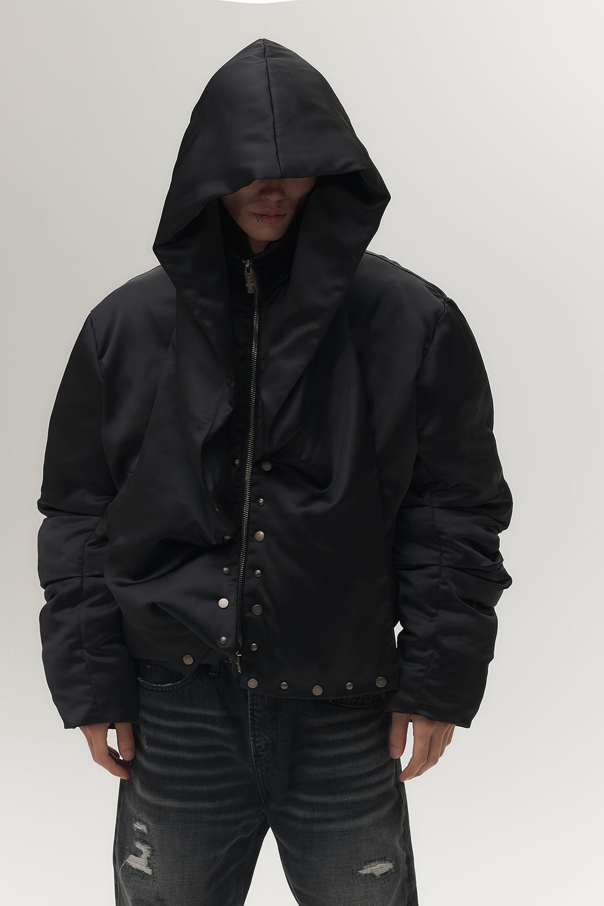 SAVAGEGROWTHWORLD Detachable Hood Satin Oversized Bomber Jacket