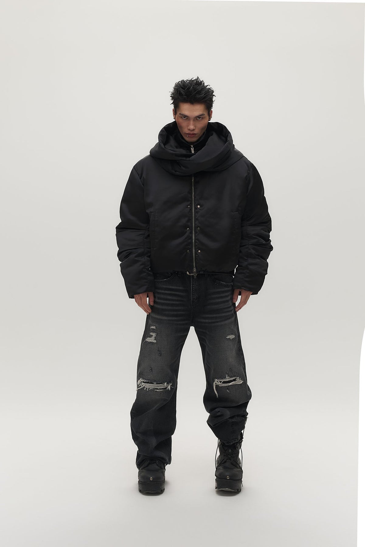SAVAGEGROWTHWORLD Detachable Hood Satin Oversized Bomber Jacket