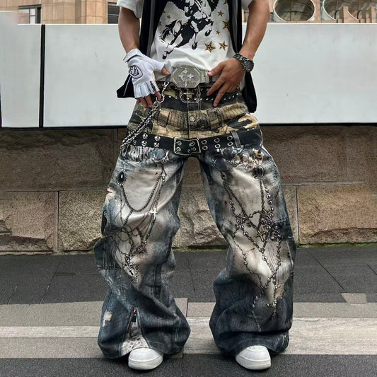 YIZILINGF Graphic Distressed Baggy Jeans