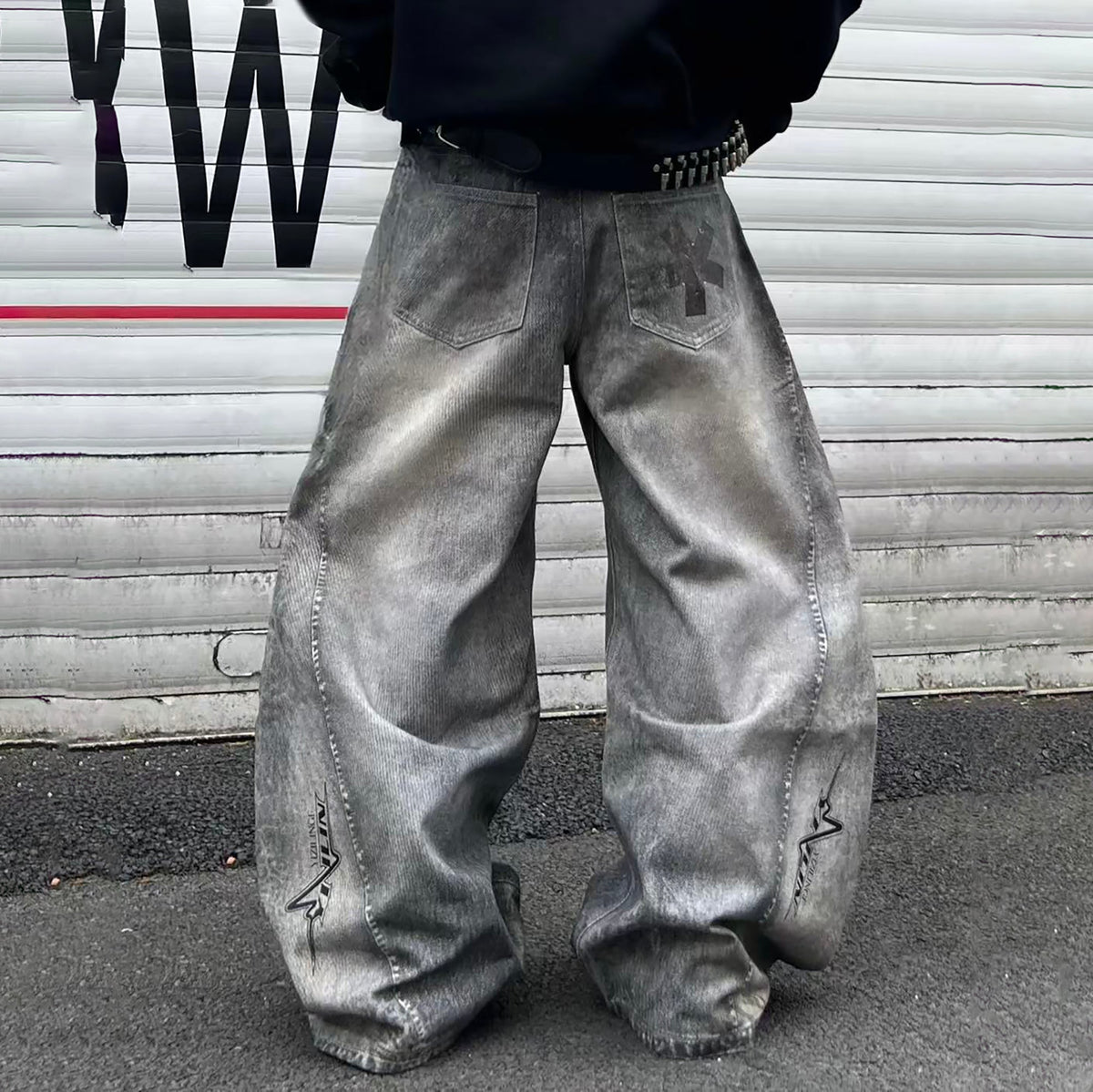 YIZILINGF Dirty-Dye Full-Print Curved Baggy Jeans