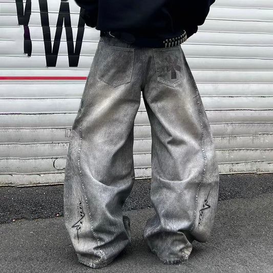 YIZILINGF Dirty-Dye Full-Print Curved Baggy Jeans