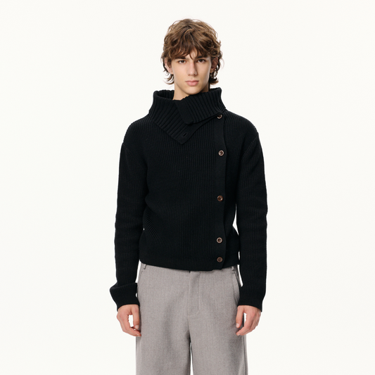 KREATE Asymmetrical Collar Ribbed Open-Front Sweater