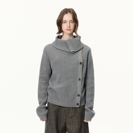 KREATE Asymmetrical Collar Ribbed Open-Front Sweater