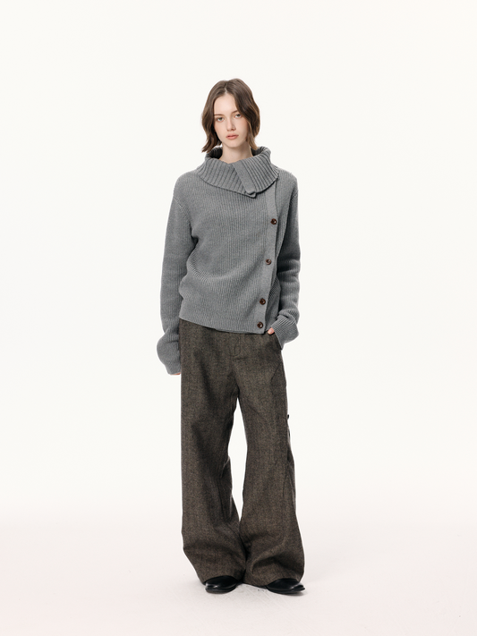 KREATE Asymmetrical Collar Ribbed Open-Front Sweater