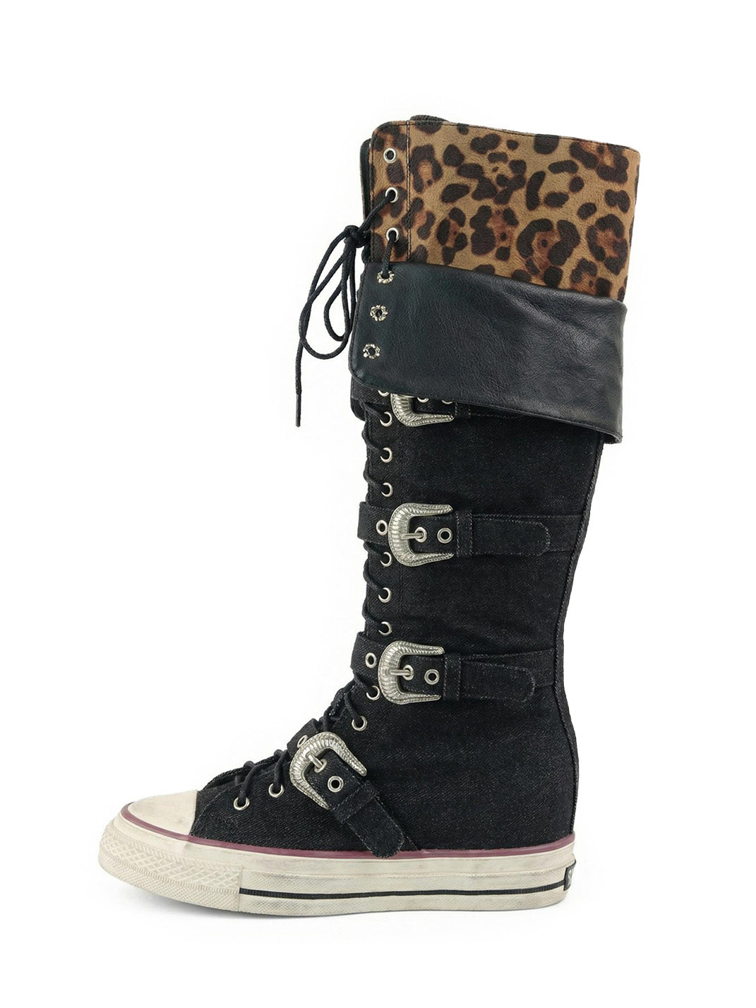 Leopard Print High-Top Canvas Boots with Belt Buckle