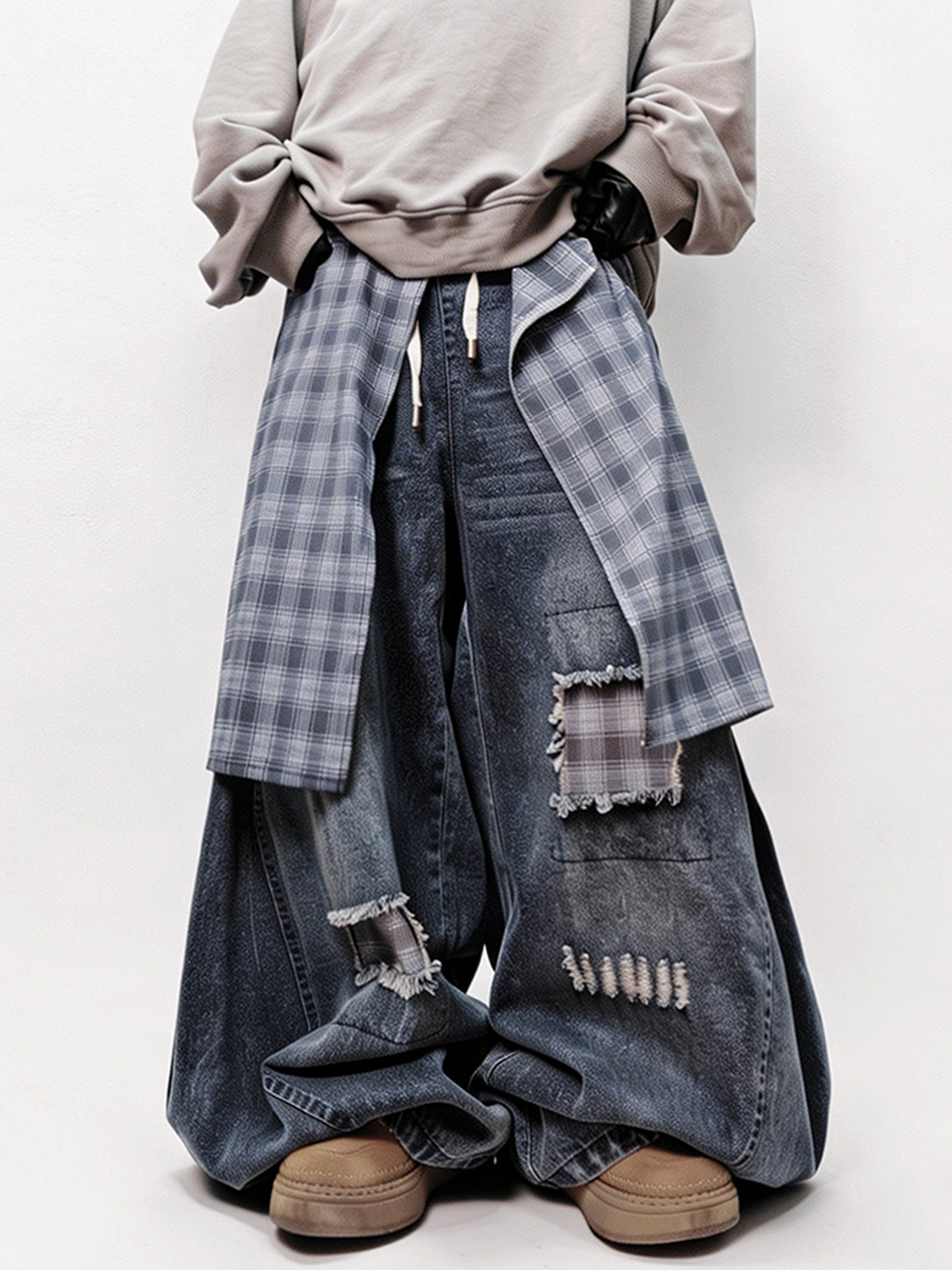UUCSCC Distressed Layered Plaid Patch Wide-Leg Jeans