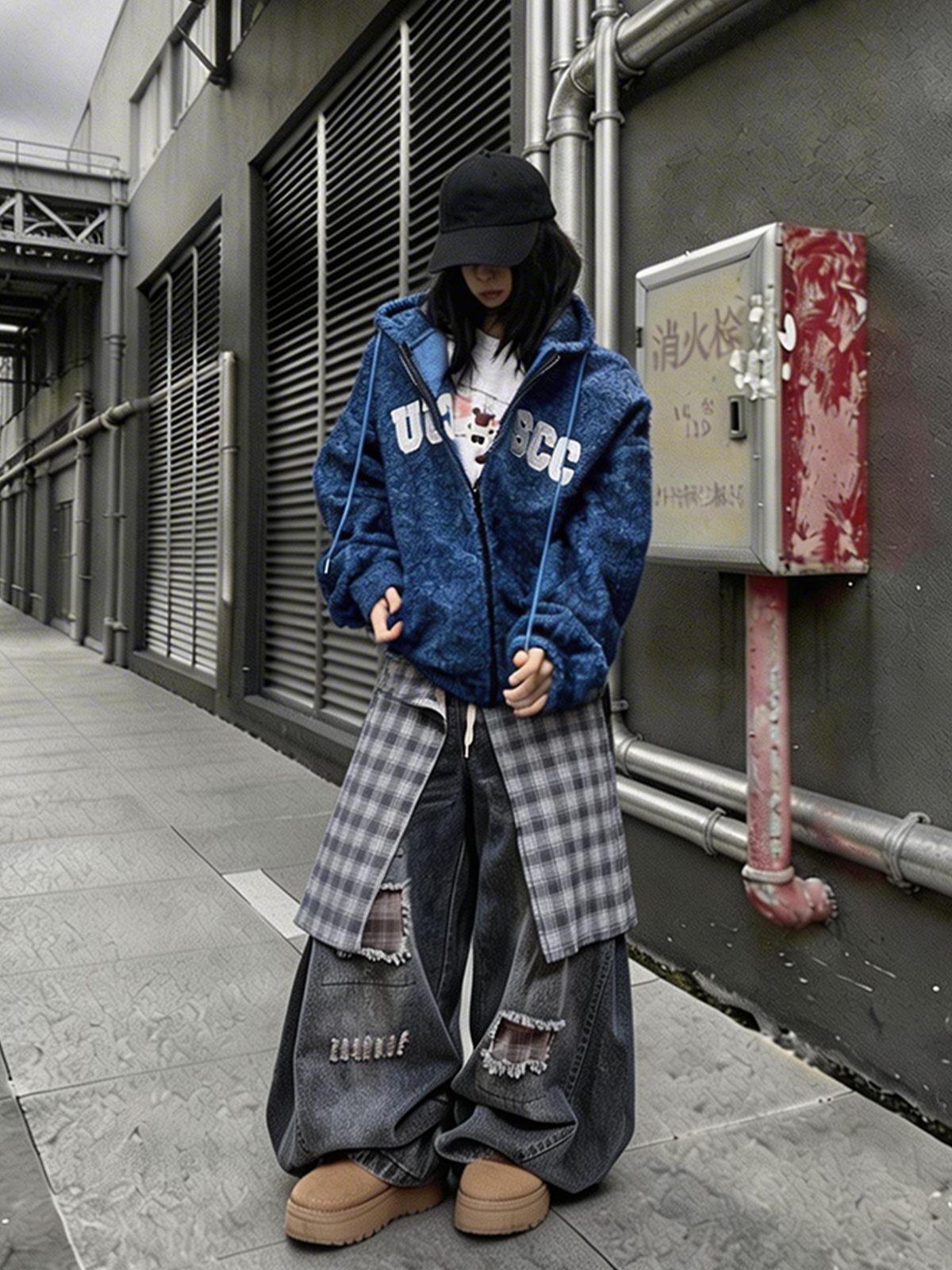 UUCSCC Distressed Layered Plaid Patch Wide-Leg Jeans