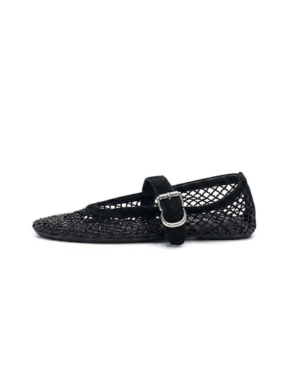 EBLAN Black Woven Mesh Mary Jane Flats