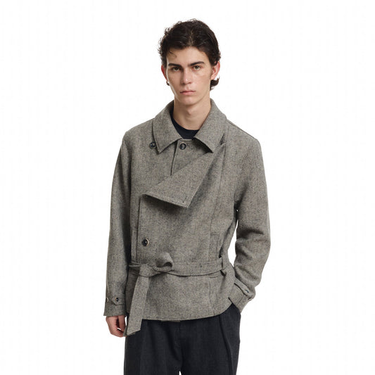 KREATE Wool-Blend Herringbone Double-Breasted Belted Coat
