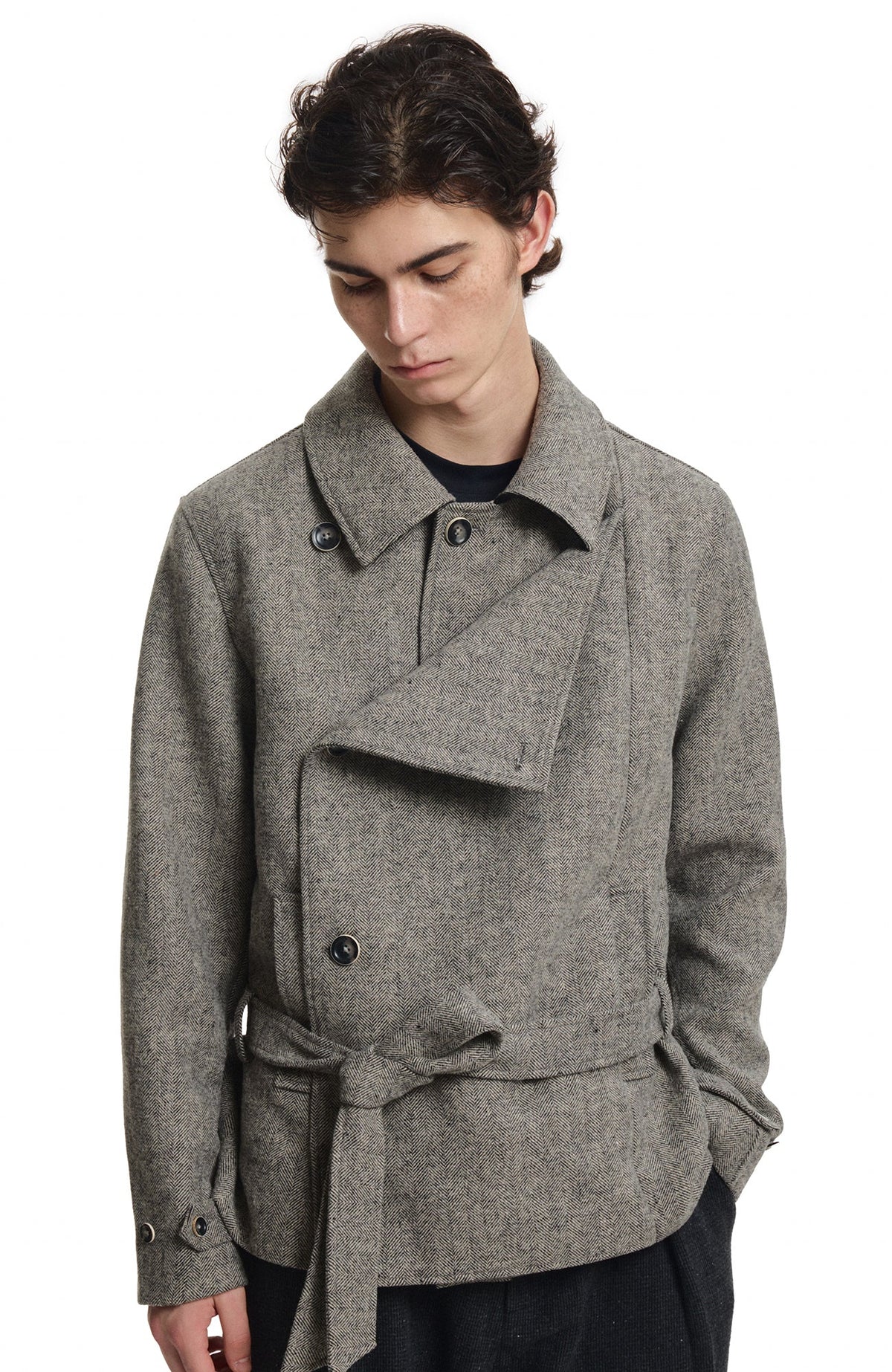 KREATE Wool-Blend Herringbone Double-Breasted Belted Coat