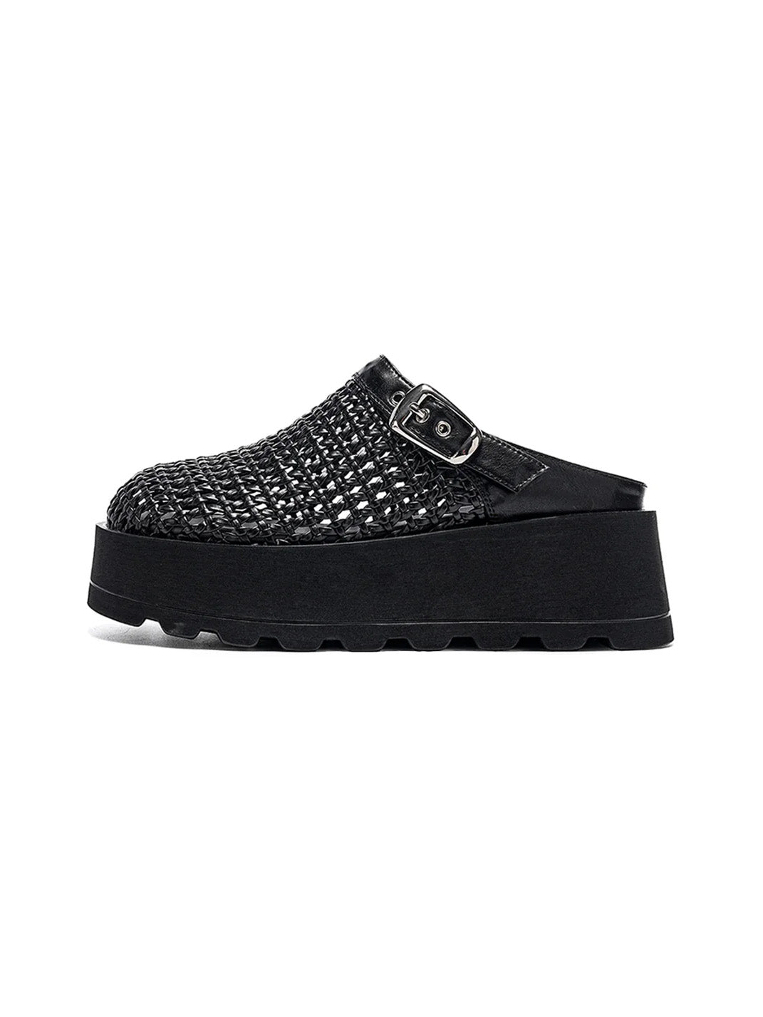 Woven Cut Out Platform Mules-Black