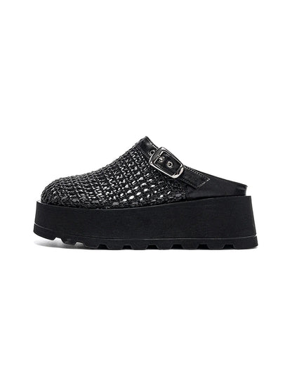 Woven Cut Out Platform Mules-Black