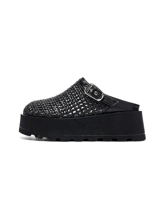 Woven Cut Out Platform Mules-Black