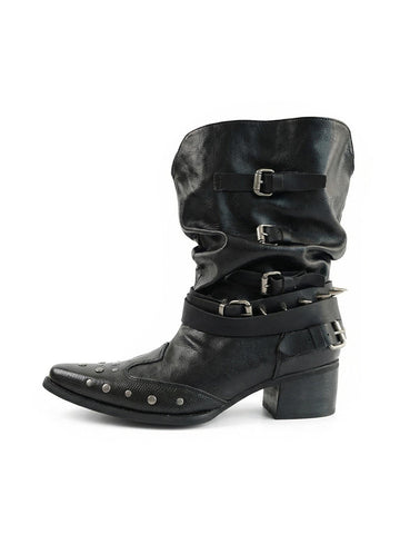 Black Leather Pointed-Toe V-Shaped Studded Ankle Boots