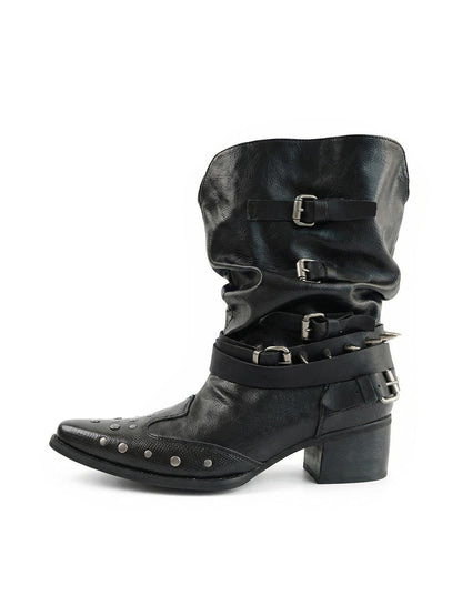 Black Leather Pointed-Toe V-Shaped Studded Ankle Boots