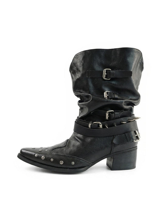 Black Leather Pointed-Toe V-Shaped Studded Ankle Boots