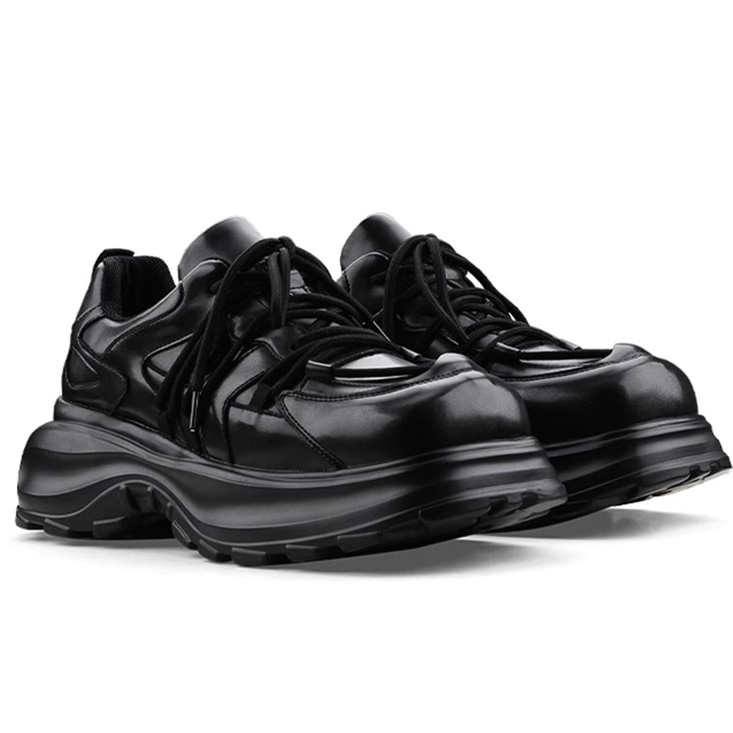 Simple black color thick sole silhouette leather sneakers