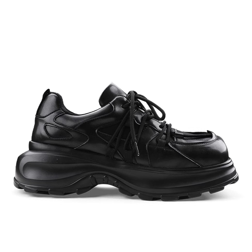 Simple black color thick sole silhouette leather sneakers
