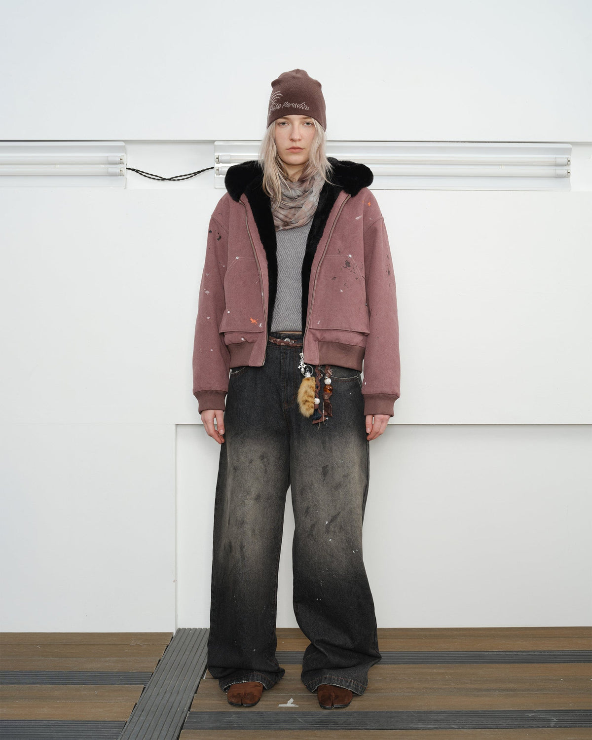 KREATE Rivet Zipper Paint-splattered Fleece-Lined Hooded Jacket