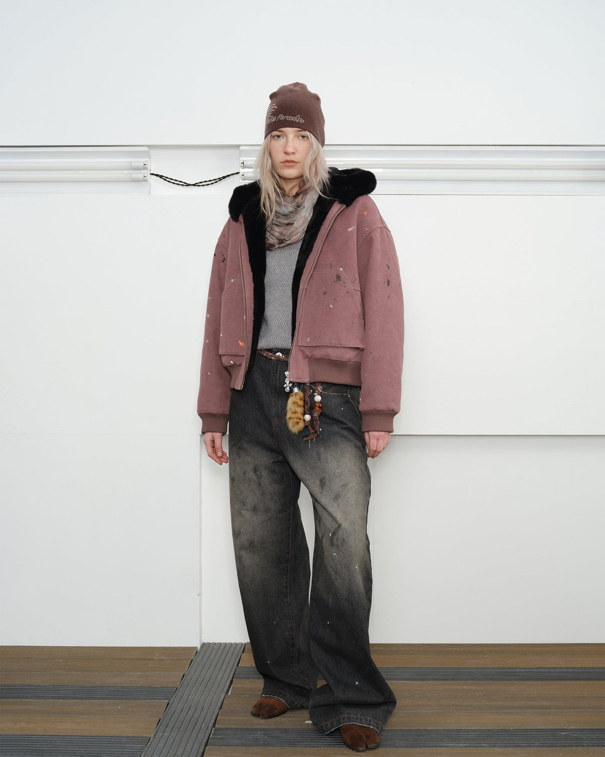 KREATE Rivet Zipper Paint-splattered Fleece-Lined Hooded Jacket