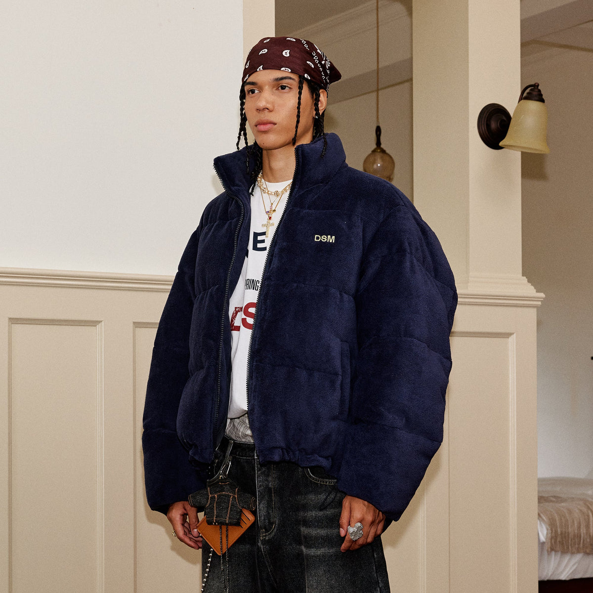 DONSMOKE Quilted Embroidered Slogan Jacket