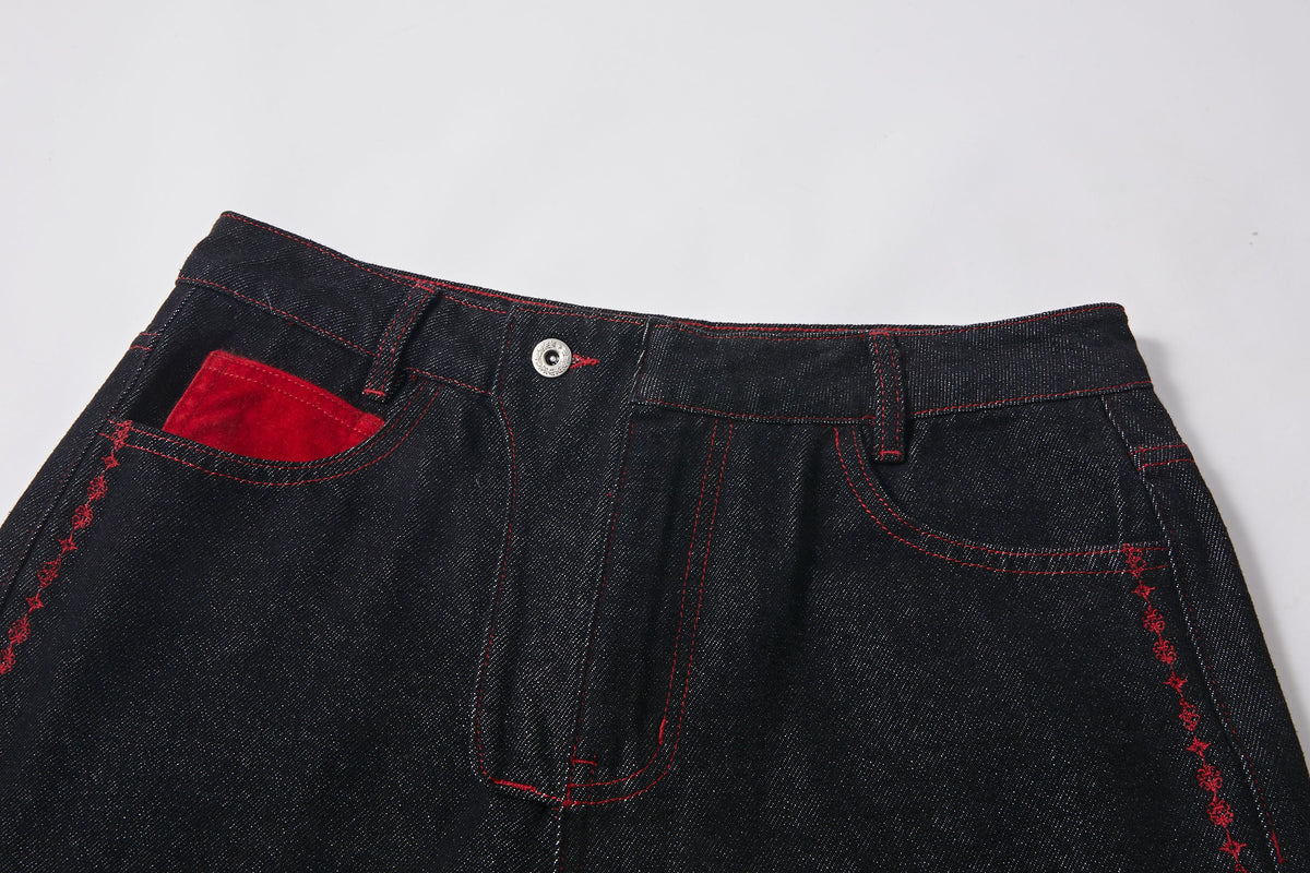 KREATE Contrast Stitched Flared Raw Denim Pants
