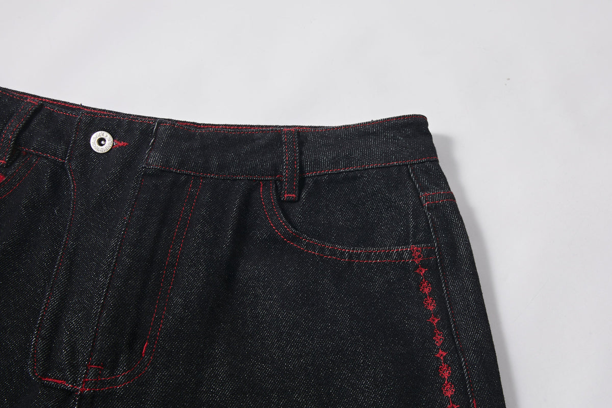 KREATE Contrast Stitched Flared Raw Denim Pants