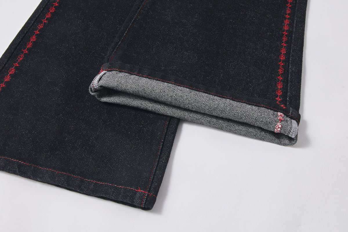 KREATE Contrast Stitched Flared Raw Denim Pants