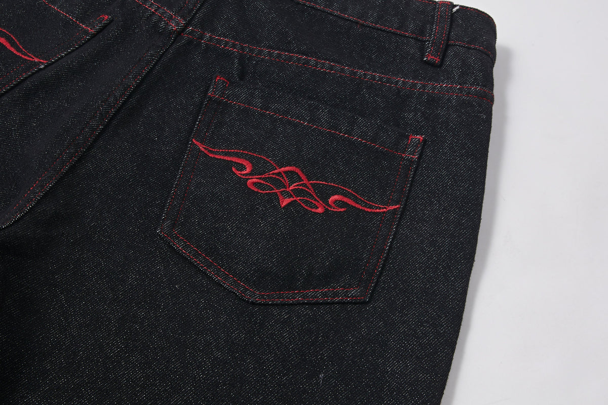 KREATE Contrast Stitched Flared Raw Denim Pants