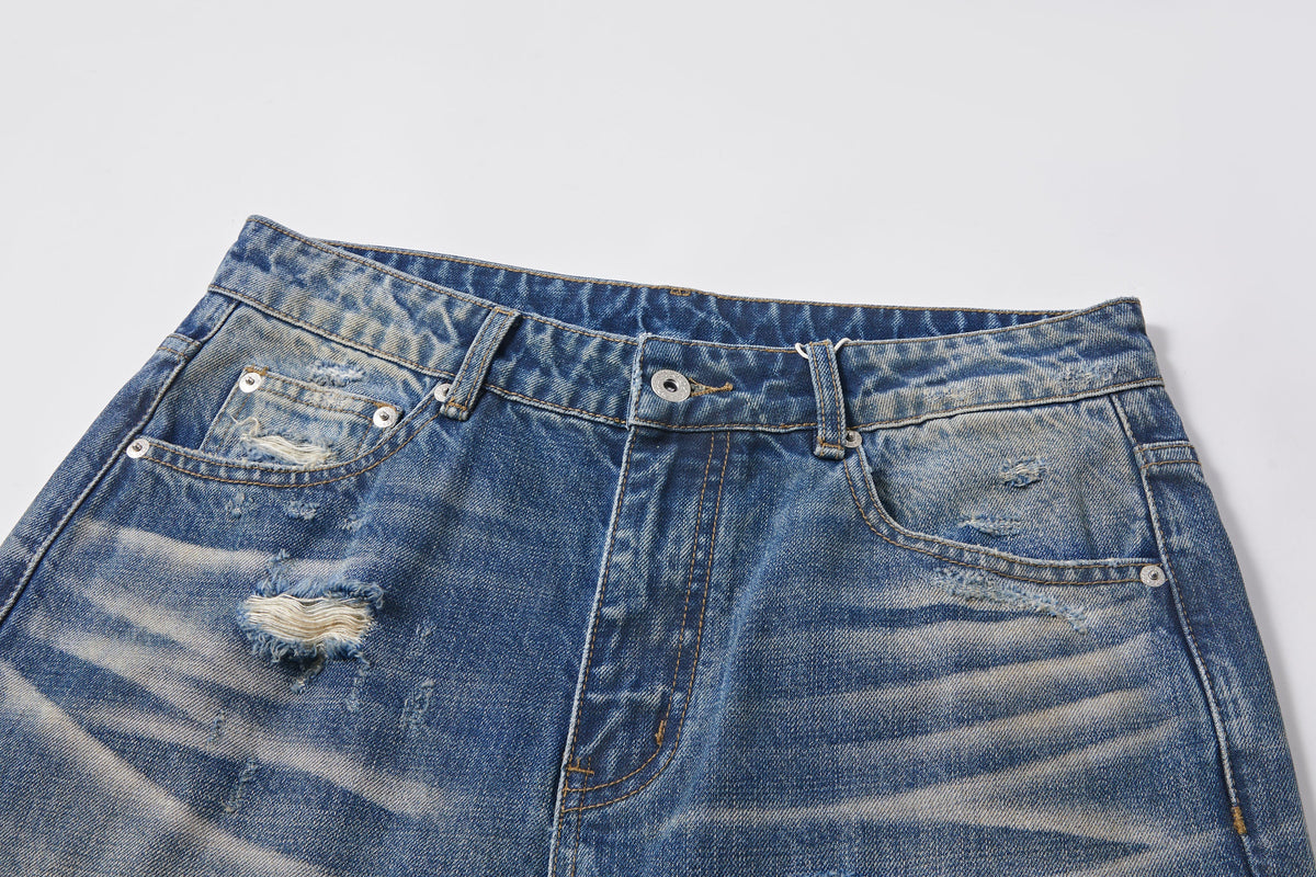 KREATE Double-Layer Distressed Straight-Leg Jeans