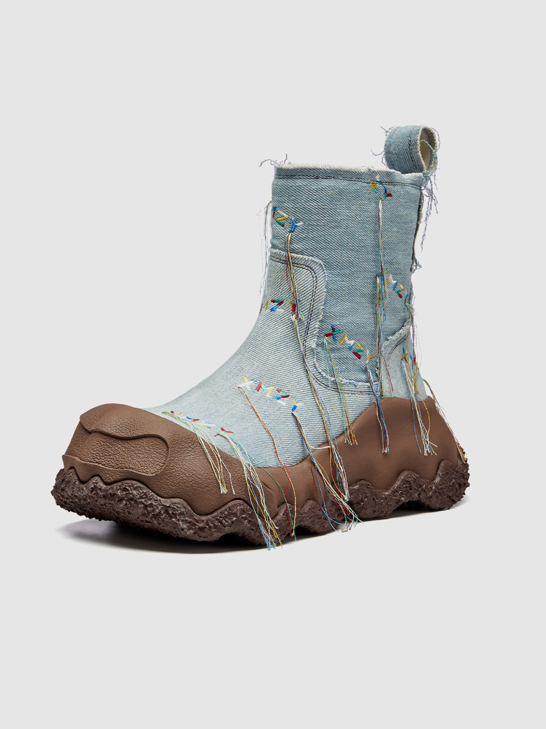 Denim Blue Geometric Planet Fringe Western Ankle Boots
