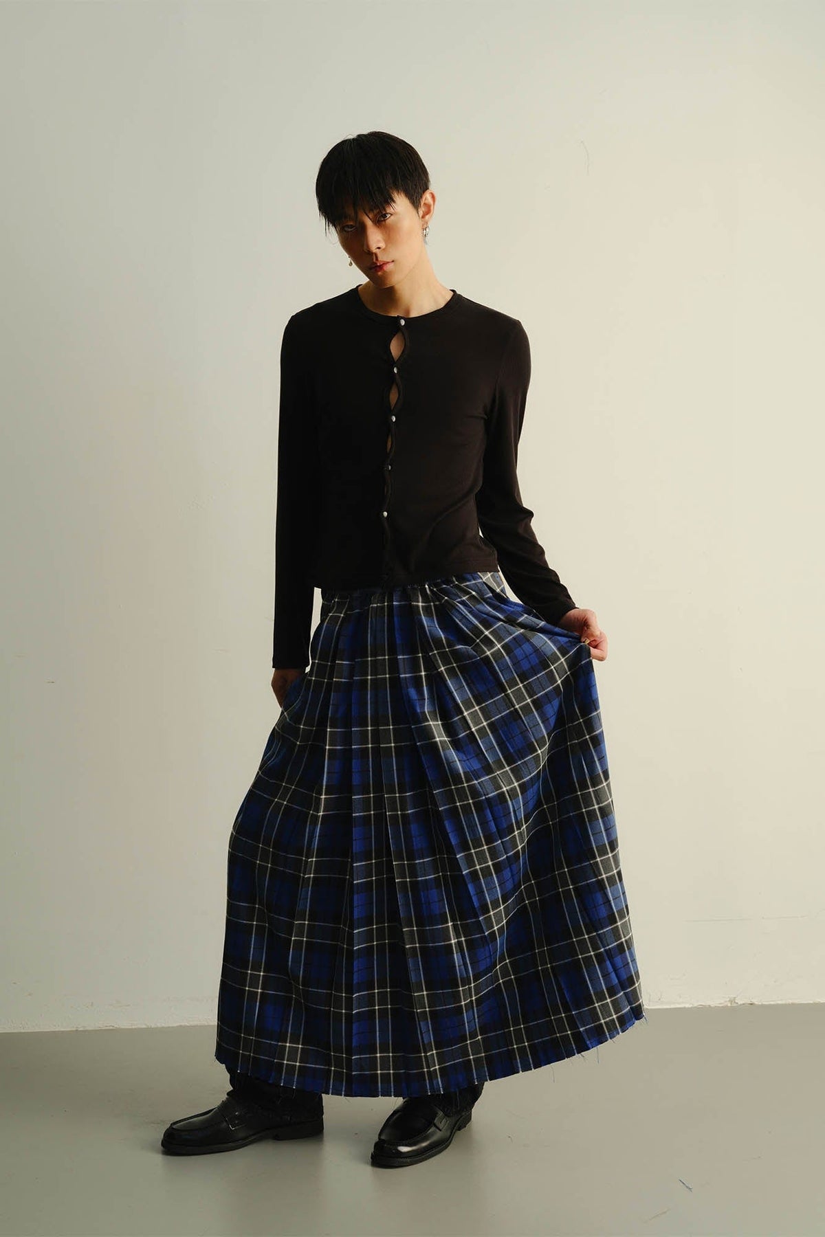 KADAKADA Paneled Reversible Plaid Raw-Edge Maxi Skirt
