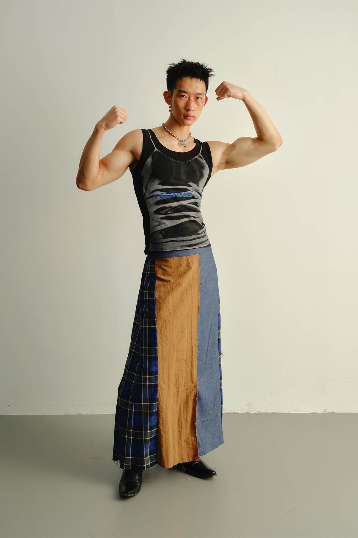 KADAKADA Paneled Reversible Plaid Raw-Edge Maxi Skirt