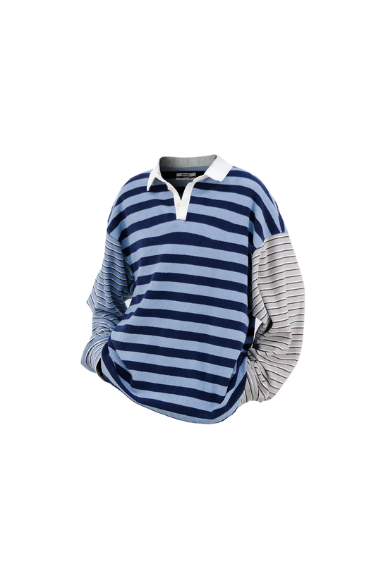 RELABEL Asymmetrical Striped Spliced Polo Long-Sleeve Tee