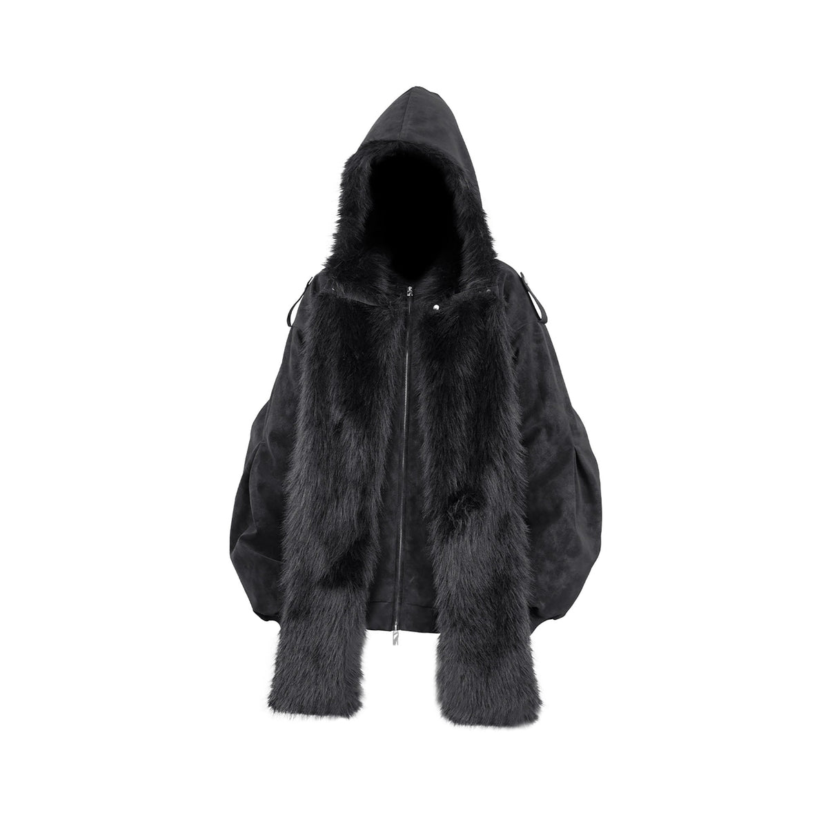 RELABEL Detachable Plush Scarf Hooded Suede Jacket Black