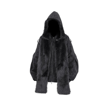 RELABEL Detachable Plush Scarf Hooded Suede Jacket Black