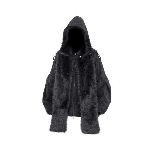 RELABEL Detachable Plush Scarf Hooded Suede Jacket Black