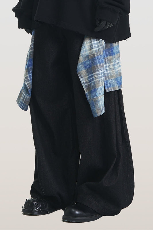 RELABEL Detachable Plaid Flap Panel Wide-Leg Pants