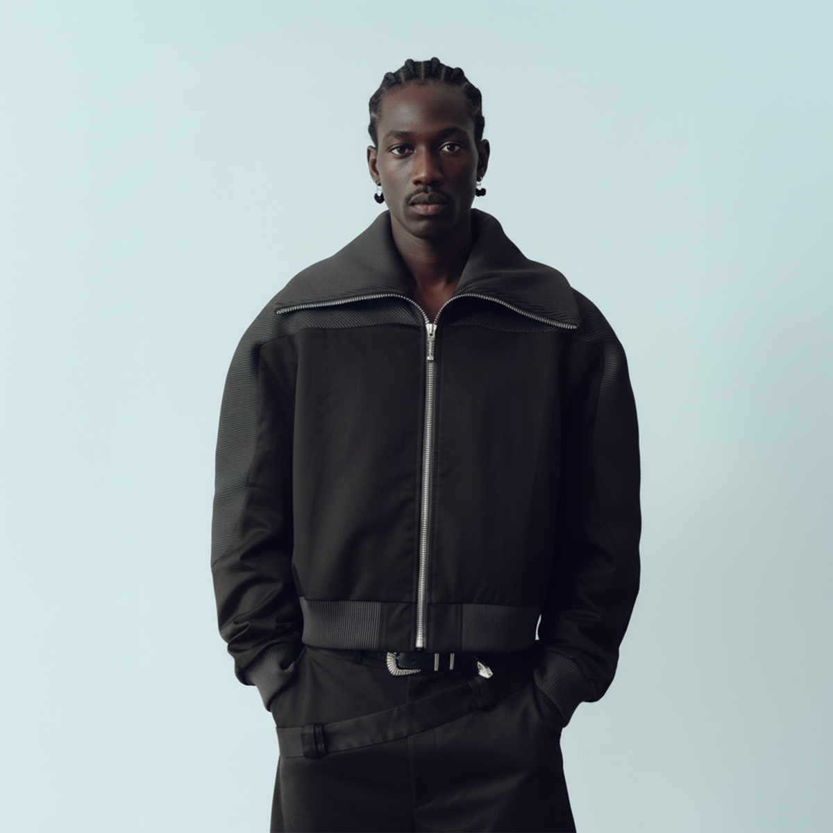KADAKADA Rib-Spliced Stand-Collar Cropped Jacket