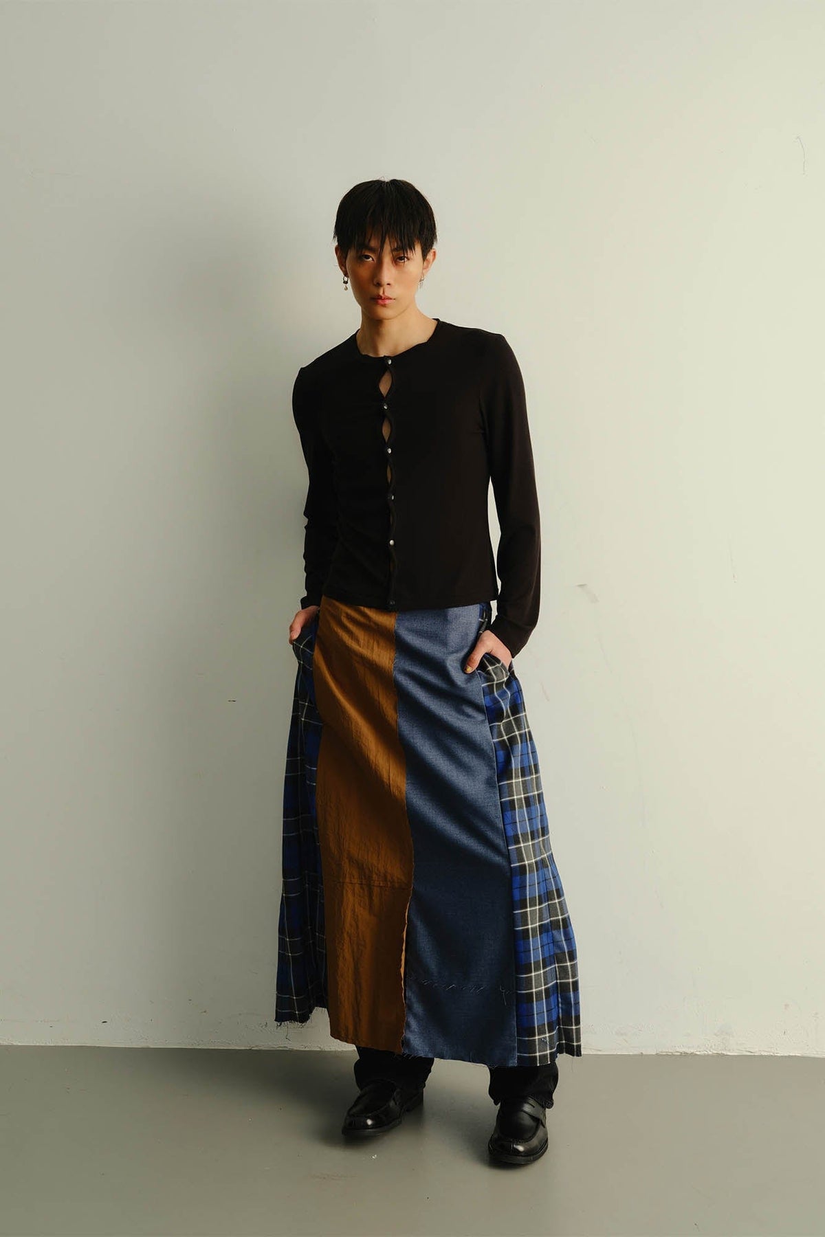 KADAKADA Paneled Reversible Plaid Raw-Edge Maxi Skirt