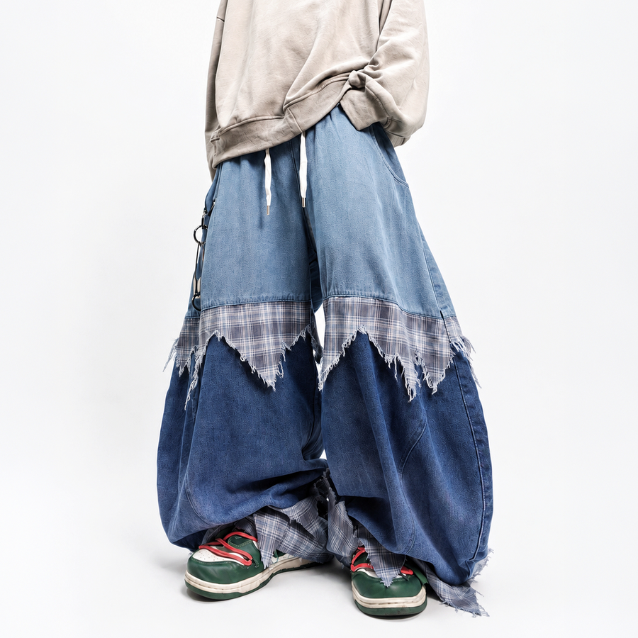 UUCSCC Spliced Distressed Plaid Wide-Leg Jeans
