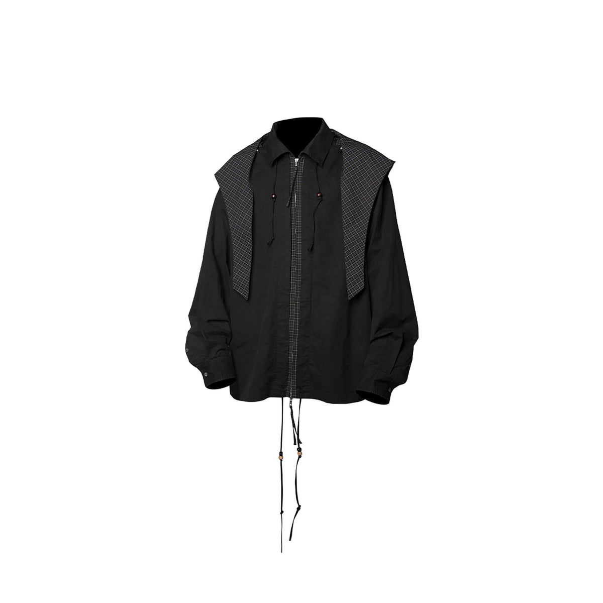 RELABEL Detachable Hood Beaded Ruched Shirt Black