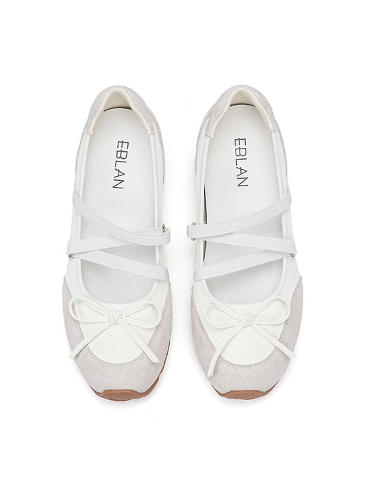 Mary Jane Ballet Sneakers With Bow Lace-Up Detail-White