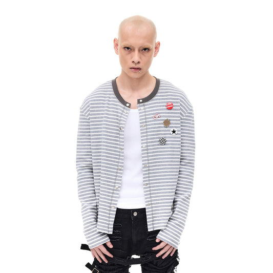 WHISTLEHUNTER Striped Badge Snap Slim Cardigan